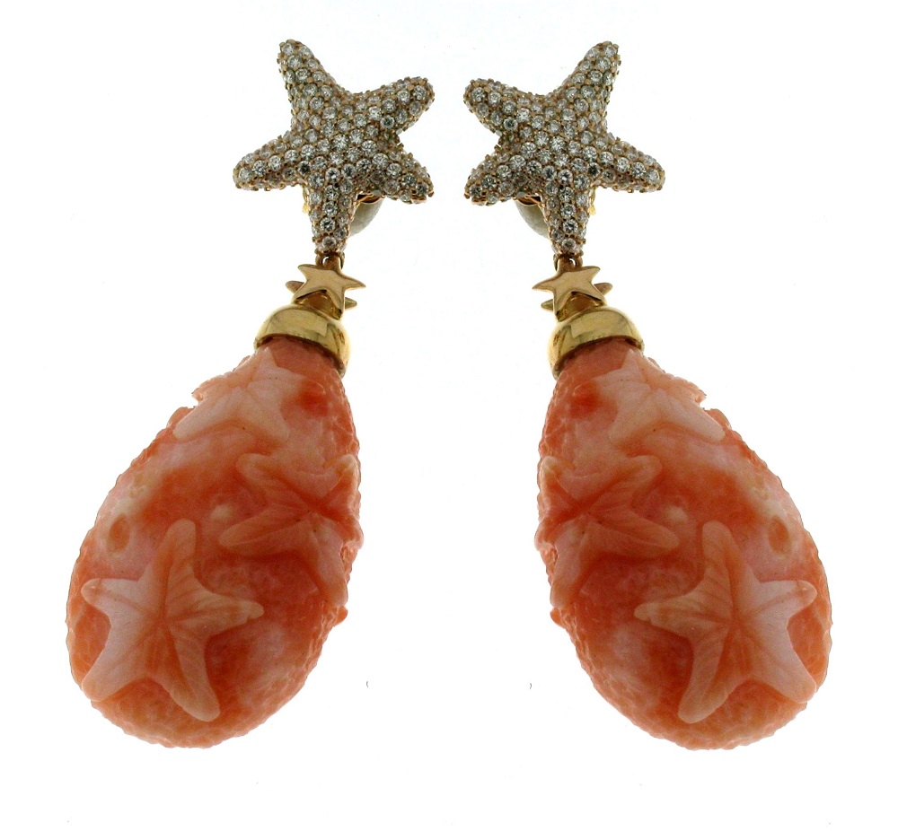 Earrings with drops of coral